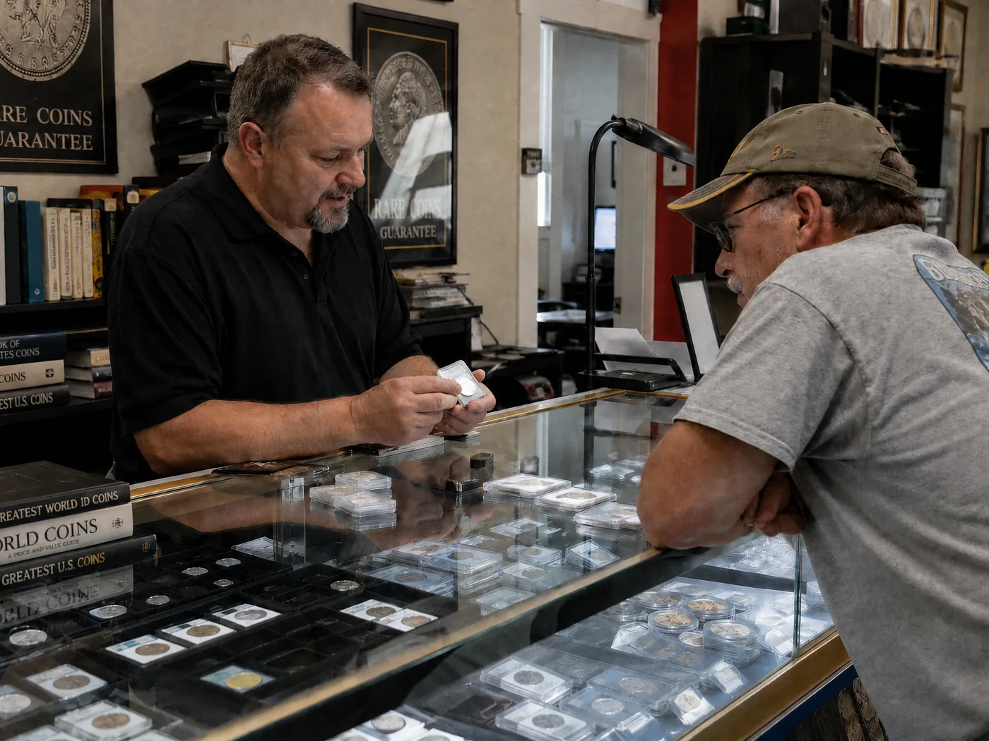 A coin dealer behind his counter examining a slabbed coin while a customer leans on the case waiting for a number, the display cases between them filled with graded and raw coins.