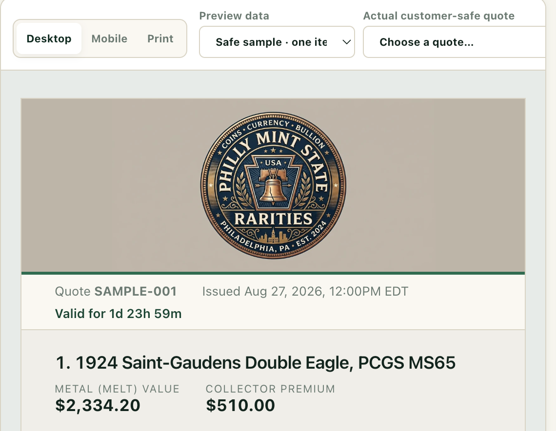 The customer-facing quote previewed in Quote Studio, with the shop’s own branding, quote number, validity window, and the first line broken into melt value and collector premium.