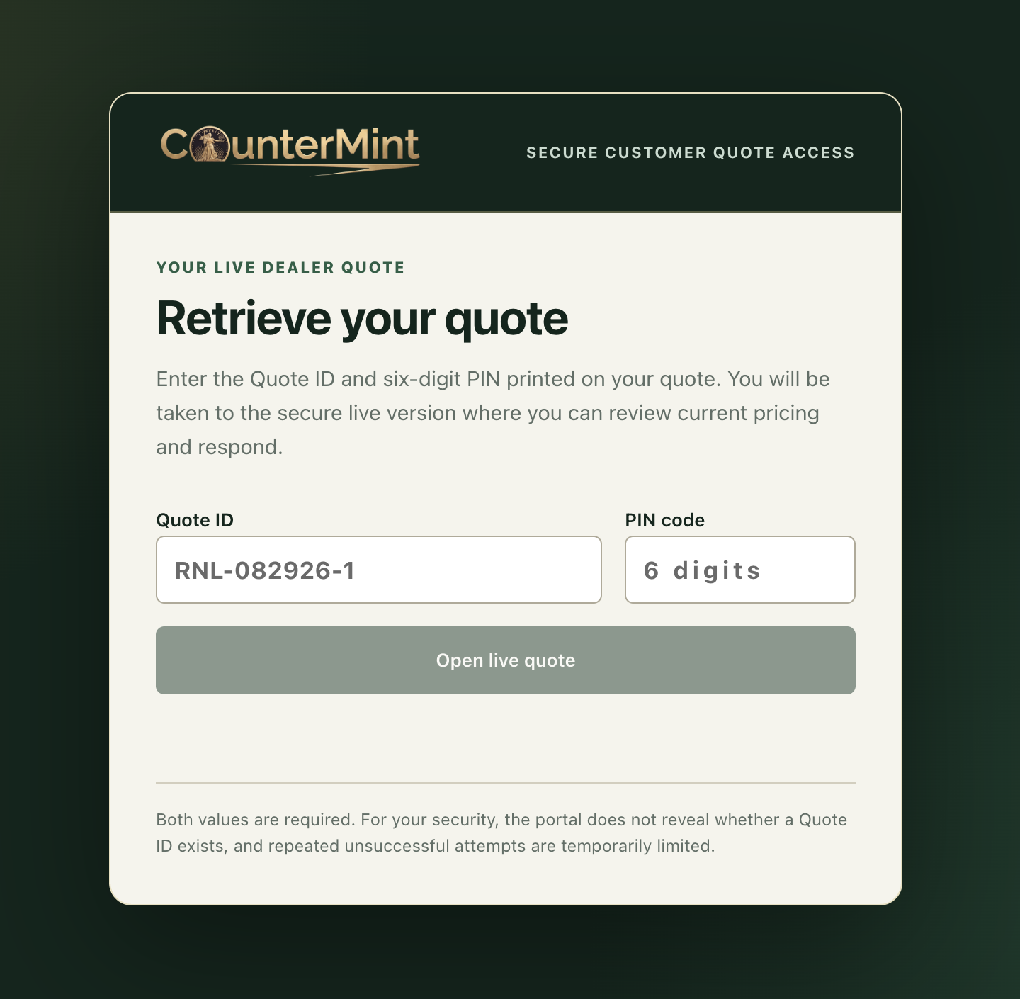 The CounterMint secure customer quote access portal, asking for a Quote ID and a six-digit PIN to open the live version of a printed quote.