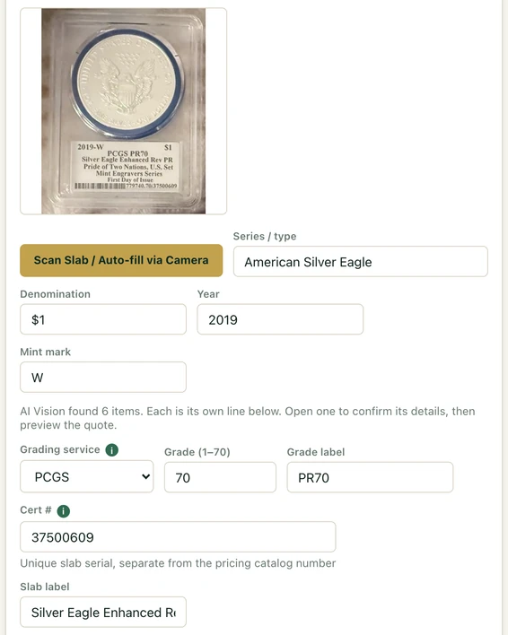 Edit Staged Item 1 in the demo: the slab photo with series, denomination, year, mint mark, grading service, grade, grade label, cert number and slab label already filled in from its label.