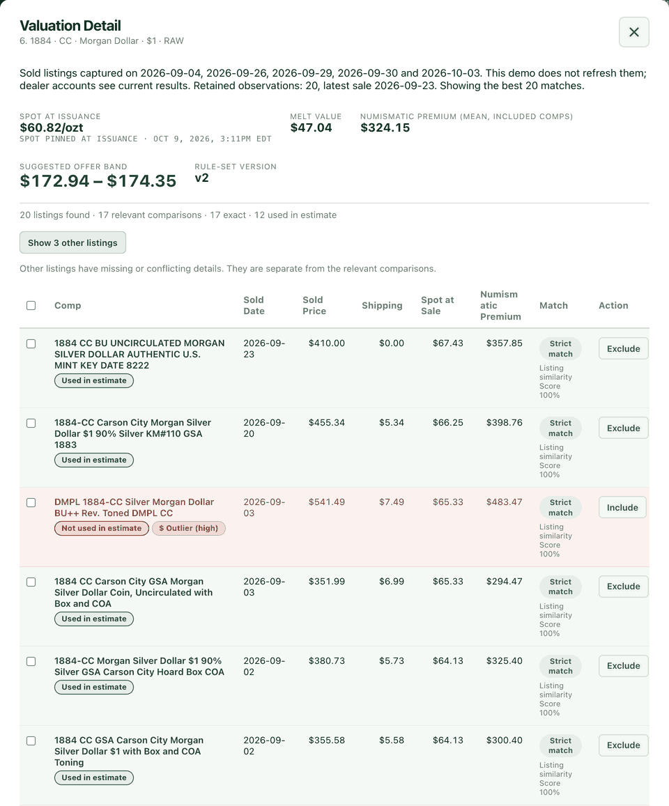 Dealer valuation for an 1884-CC Morgan Dollar: five sold listings marked Used in estimate and one high outlier marked Not used in estimate, each with its listing similarity score.